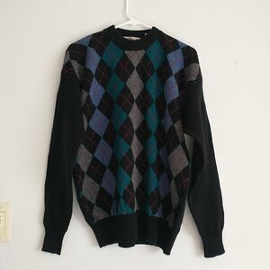 Northern Isles Sweater Pullover Women L Black Diamond 100% Lambswool Knit Preppy